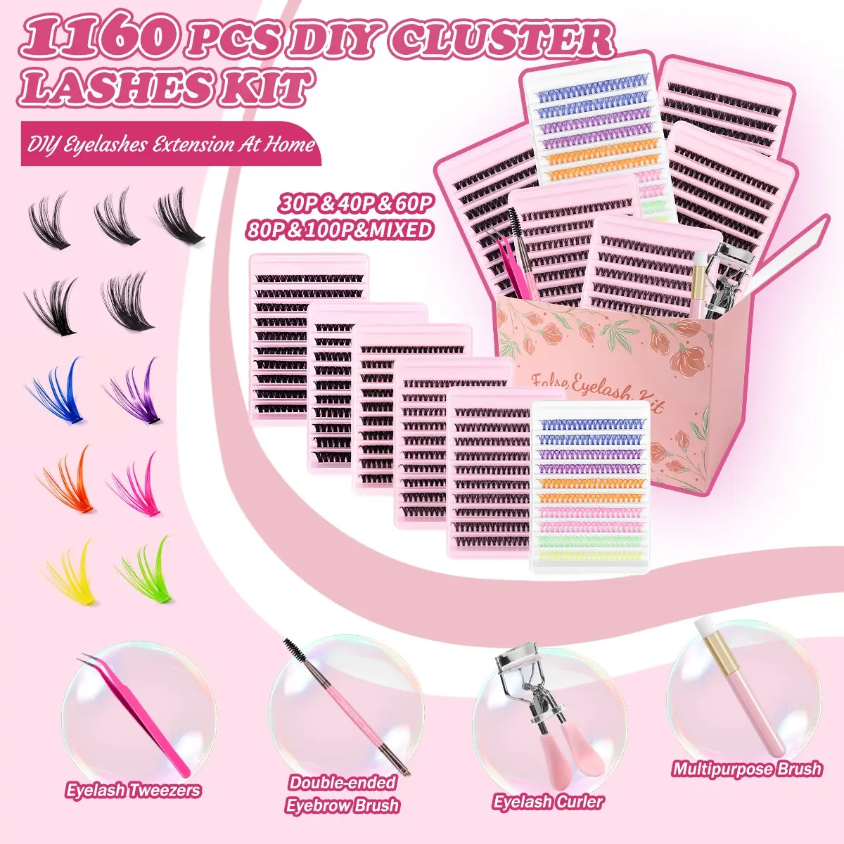 MAANGE 1160 Pcs Color & Black DIY Cluster Lashes Kit, With Eyelash Tweezers, Double-ended Eyebrow Brush, Eyelash Curler & Multipurpose Brush, Perfect for Halloween Party Home Lash Extension, Cosmetic False Lashes, Makeup Products