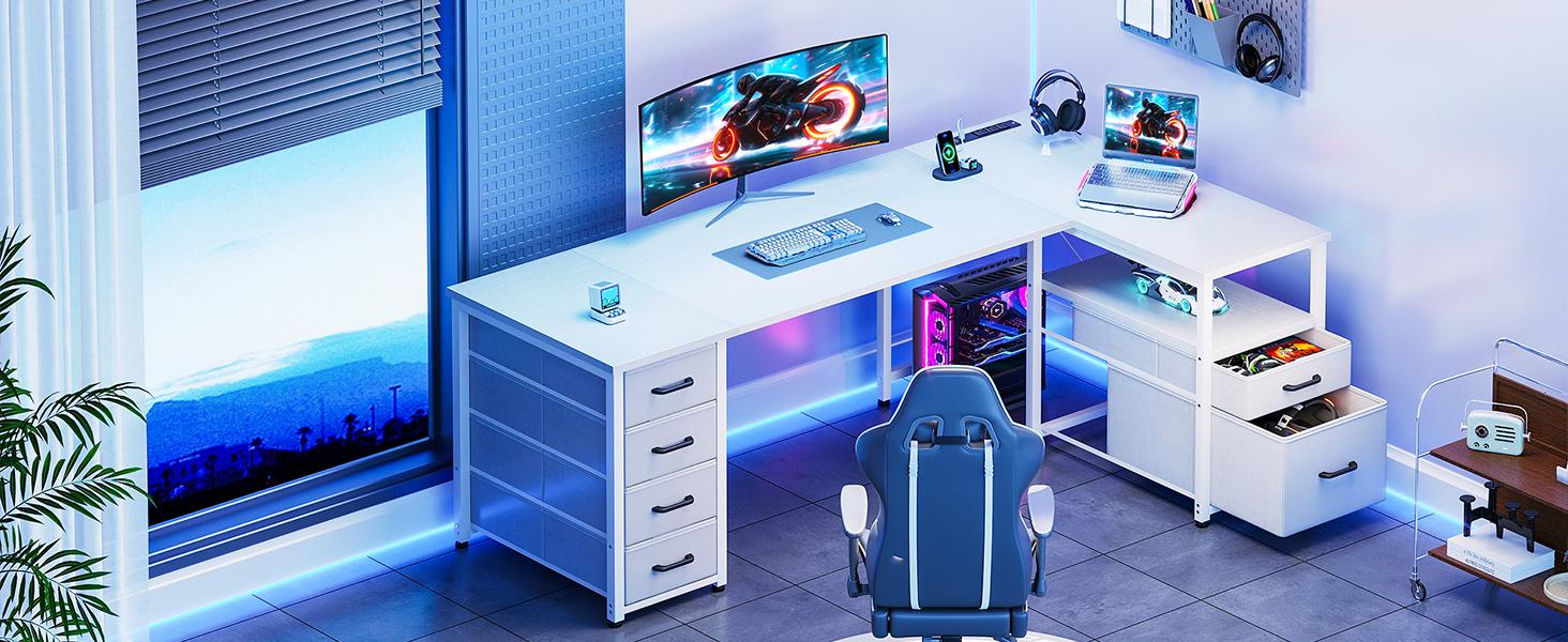 AODK Modern L-Shaped Corner Computer Desk - Large Workstation, Metal Frame, 6 Drawers, Reversible Storage Shelf, File Drawer, 1 Type-C Charging Port, Sturdy Legs, Easy WFH Setup for Home Office Commercial Furniture, L Shaped Workstation