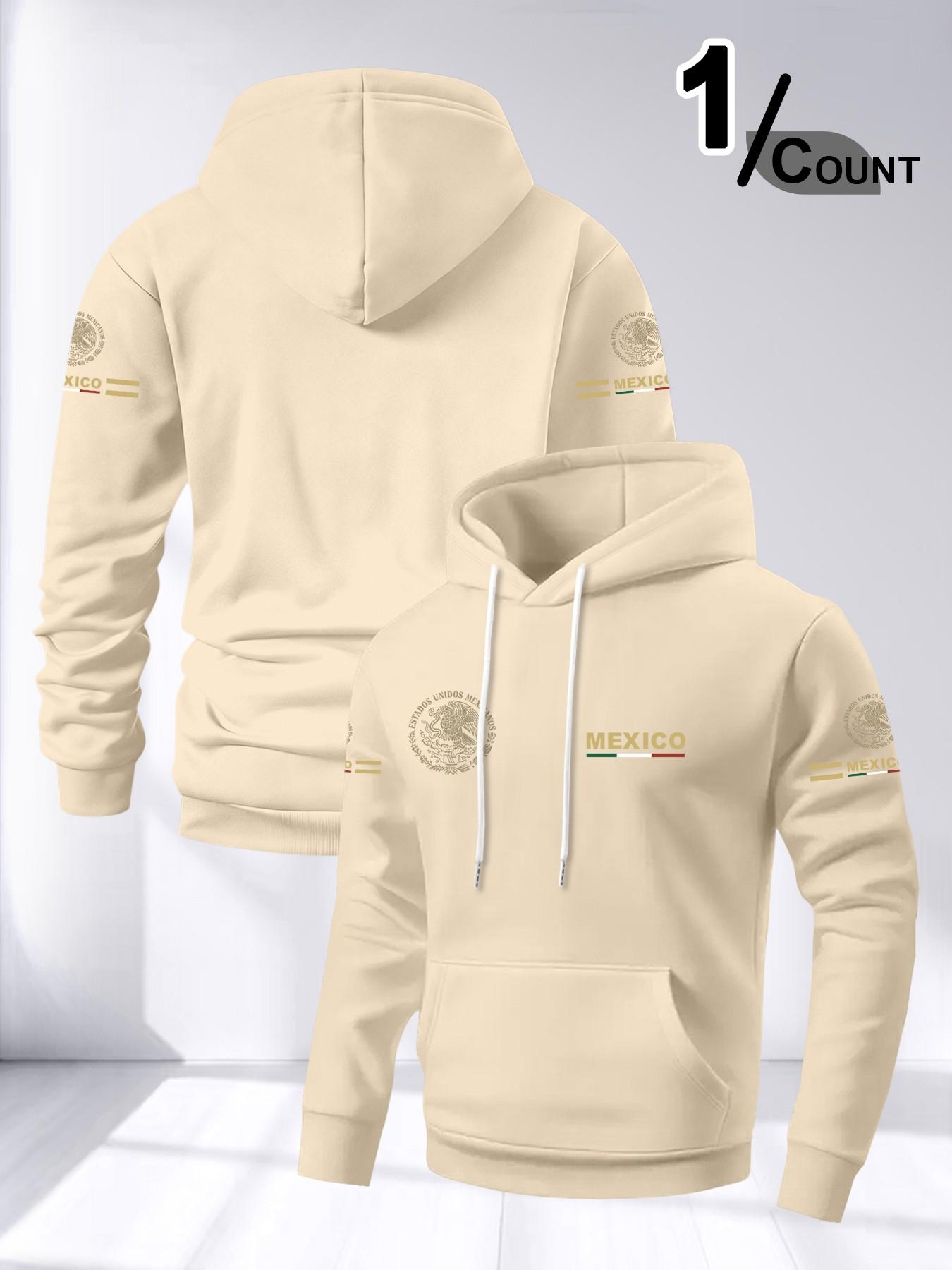 Men's Long Sleeve Hooded Fleece Sweatshirt, Mexican Pattern Print, Loose Fit Drop Shoulder Design, Casual Daily Wear, Comfortable Fashion Pullover