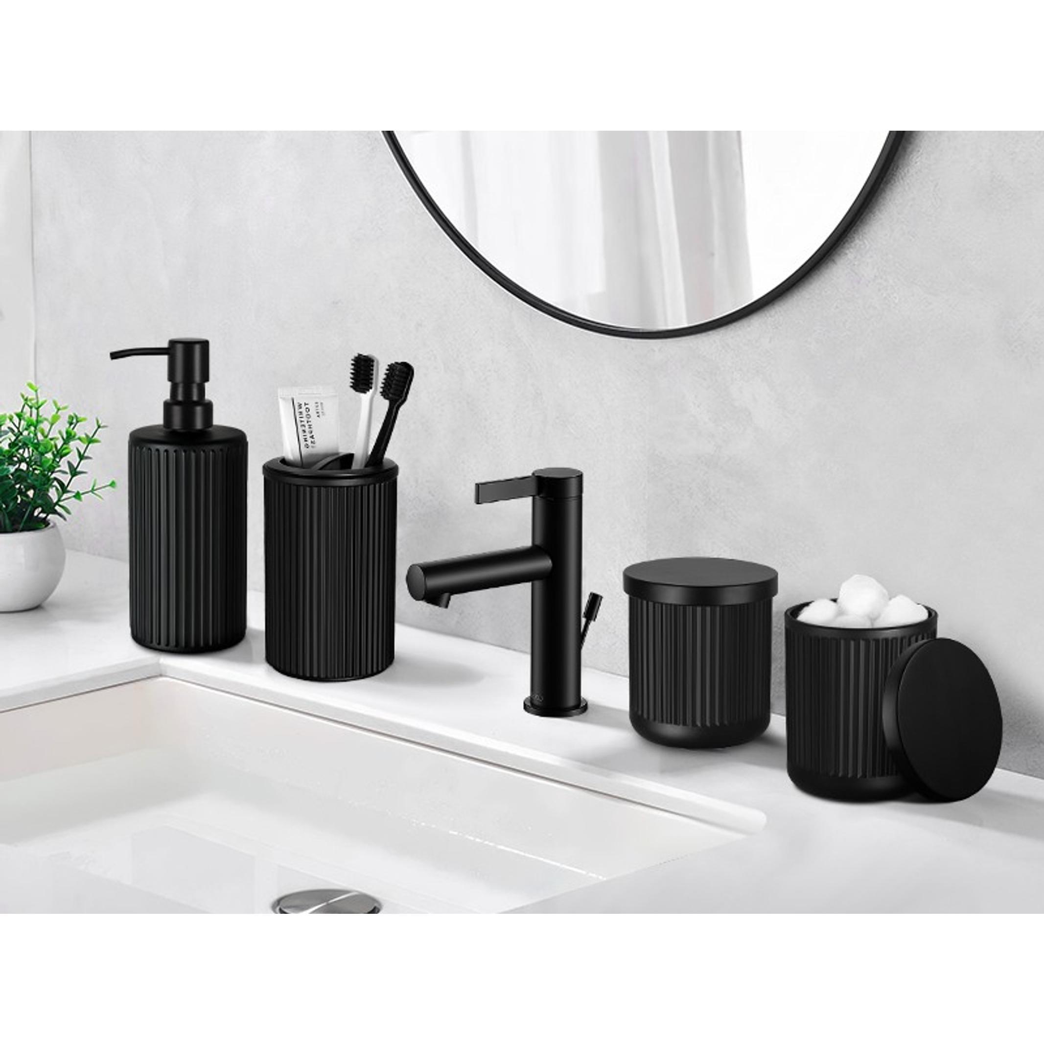 Matte Black 4-Pc Glass Bathroom Accessories Set - Stainless Steel Pump Soap Dispenser, Toothbrush Holder, Wipe-Clean Organiser, Qtip Holder for Modern Home Sink Decor