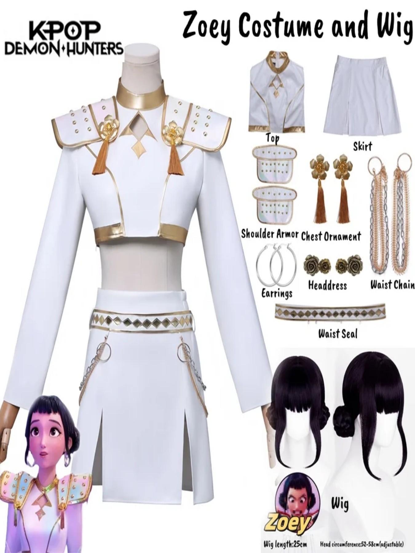 Kpop Demon Hunter Zoey Cosplay Costume Wig Huntrix Zoey White Suit Korean Wave Superstar Idol Performance Set Halloween Carnival