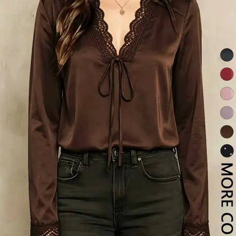 Spring Summer Satin Lace Trim Short Sleeve Shirt, V Neck Tie Design, Loose Fit Slimming Daily Commute Top, Casual Trendy Versatile, Women's Fashion Blouse