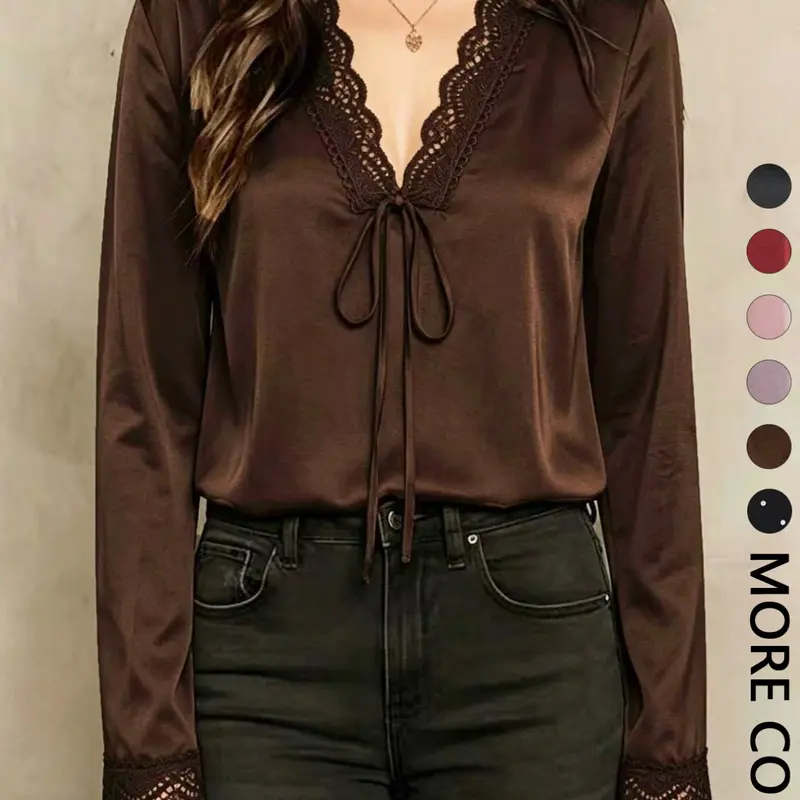 Spring Summer Satin Lace Trim Short Sleeve Shirt, V Neck Tie Design, Loose Fit Slimming Daily Commute Top, Casual Trendy Versatile, Women's Fashion Blouse
