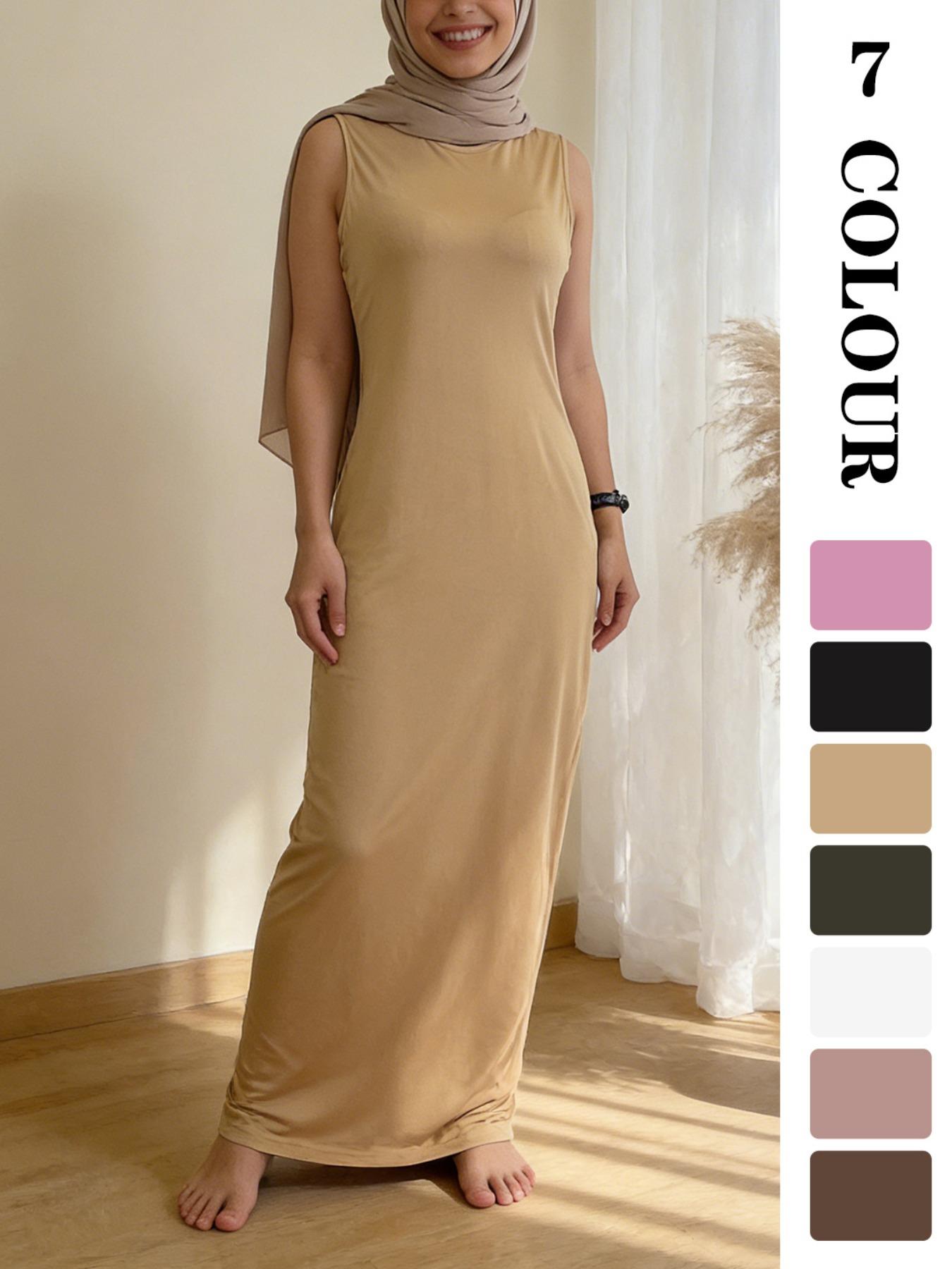 Muslim Sleepwear XS-XL 1pcs inner Women's Long Plain Sleeveless Underdress, Dubai Luxury Islamic Kaftan Pajama, All-Season Sexy Sleepwear
