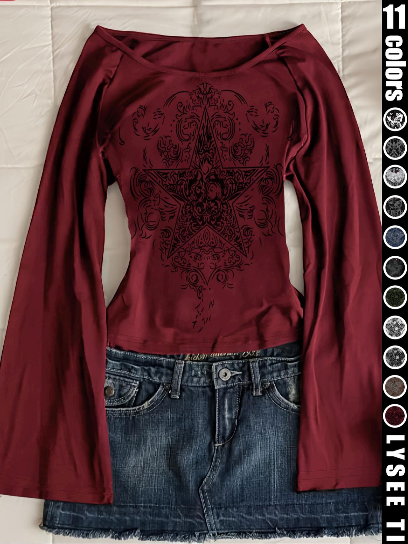 Fashion and casual Y2K women's Fitted five pointed star printed round neck flared sleeve top