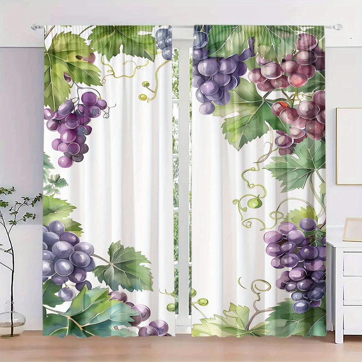 2 piece set, polyester grape pattern printing, high definition digital printing, filter curtain, rod bag design, suitable for bedroom, living room, office, home decoration, modern style, brushed fabric, machine washable, art theme, no tether, no fading