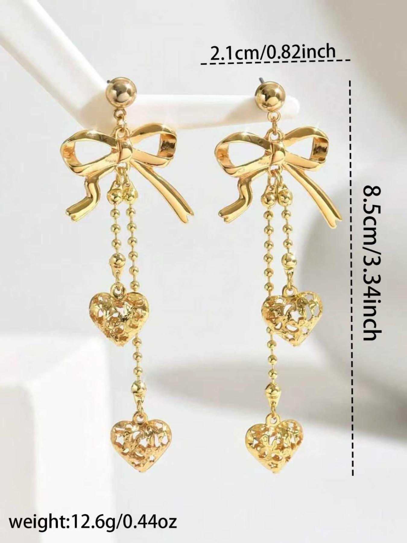 Elegant Bow Earrings, Hollow Metal Heart Pendant, Star Moon Design, Classic Women's Jewelry, Perfect for All Seasons