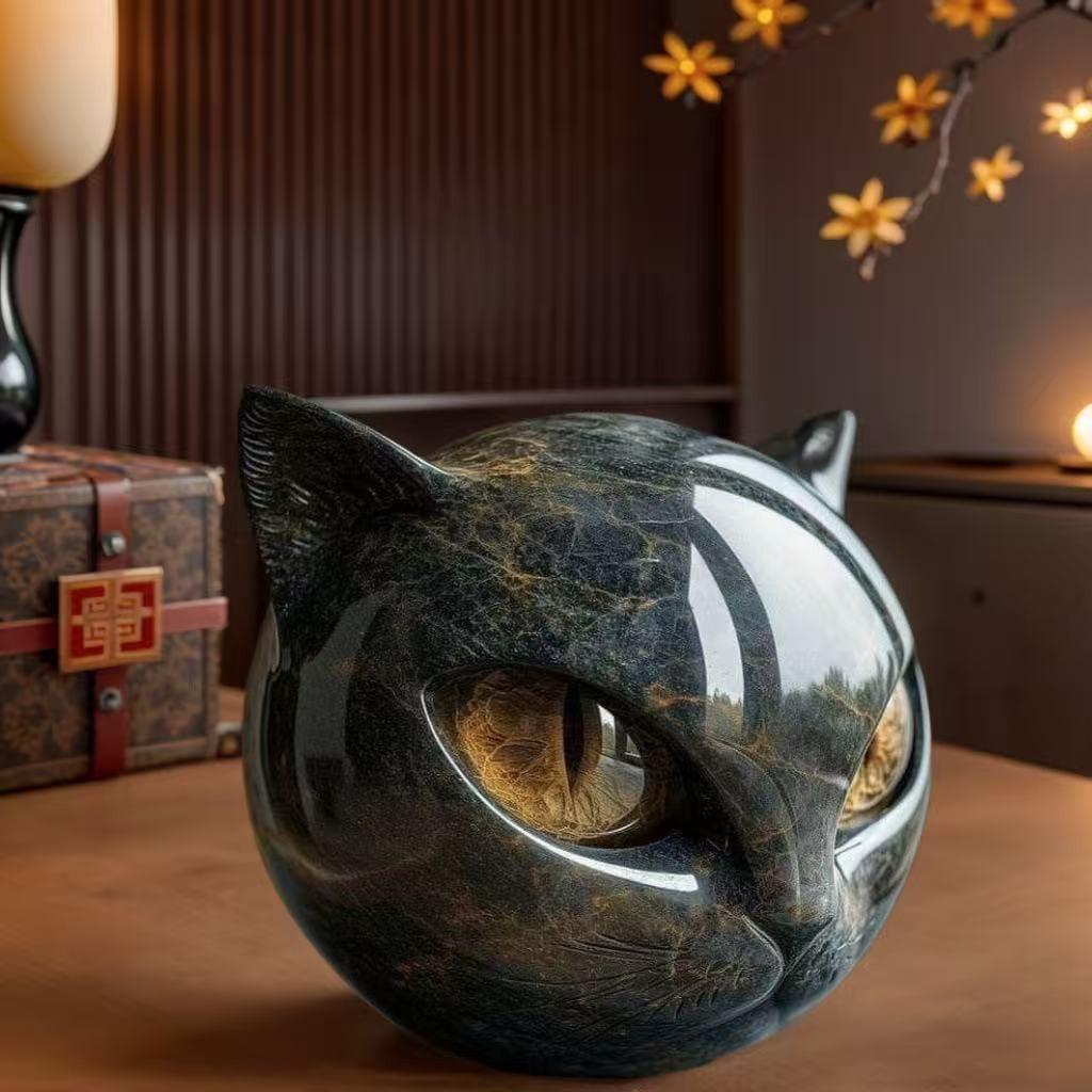 Cat Stone Sculpture Figurine, Handcrafted Marble-Look Resin Statue Decorations, Amber Eyes, Elegant Shelf Decor for Home or Office