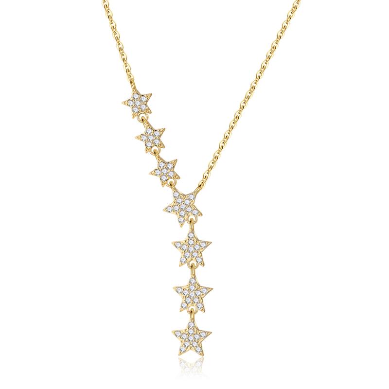 MIDEEO Gold/Silver/Rose-gold Seven-Zircon Star Y-shaped 14K Gold Plated Necklace 16.53+1.96 Inches Hypoallergenic Gift Boxed Jewelry