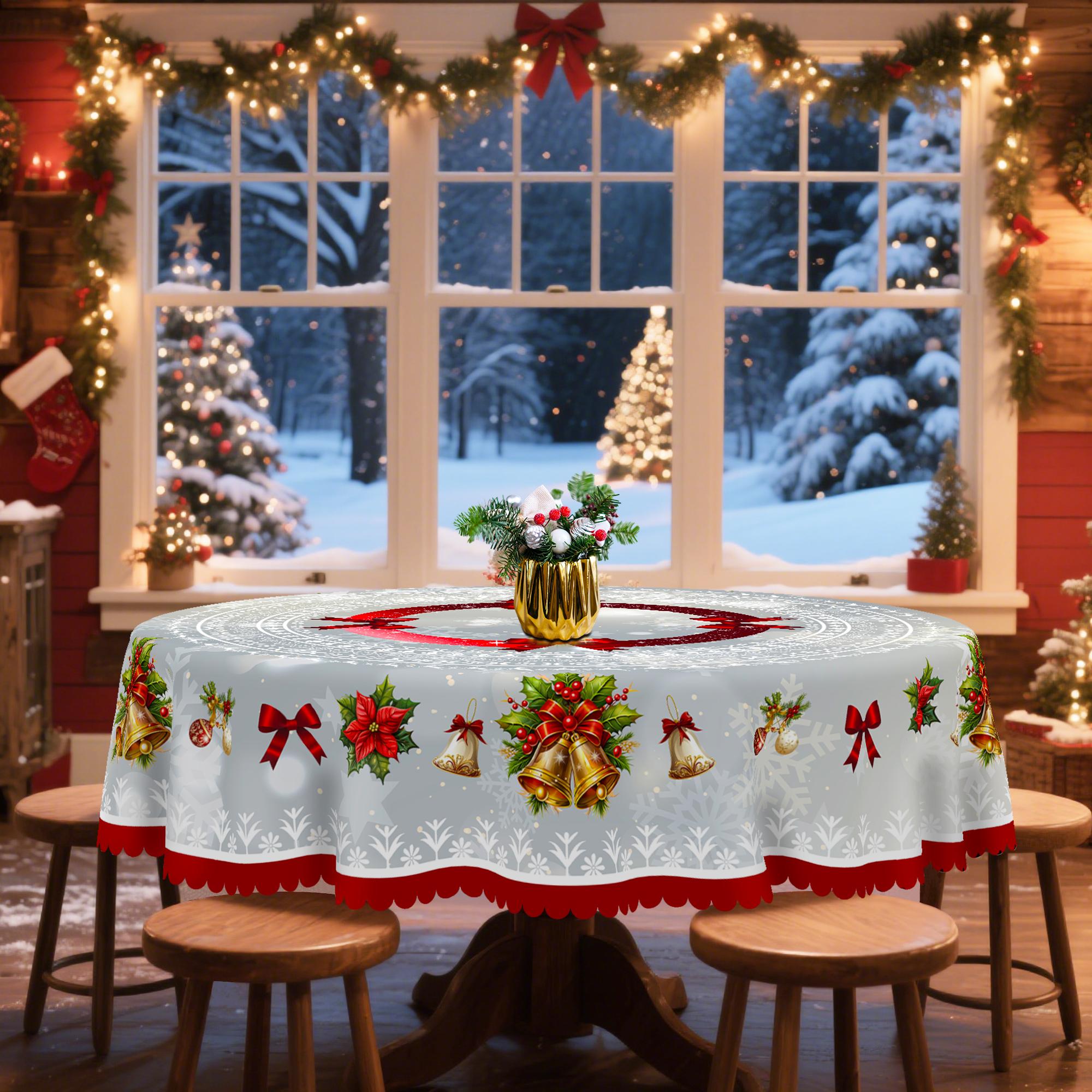 1pc, Christmas Themed Print Tablecloth - Rectangle Table Cover with New Year Christmas Snowflake, manteles de tela para fiesta, Xmas Decor, Holiday Party Indoor Dining Decor, Round Table Cloth, Christmas Party, Festive Home Kitchen Accessory Gift