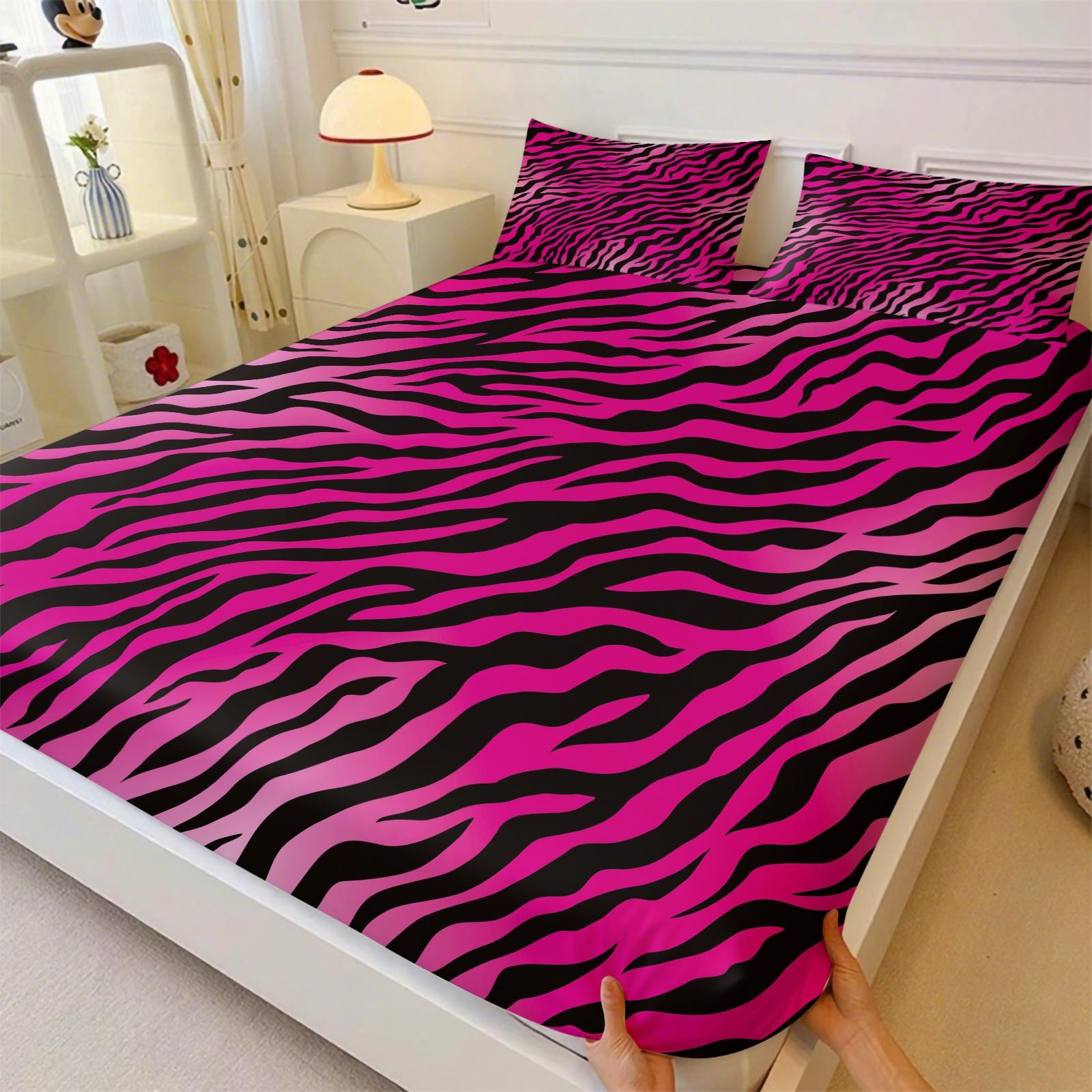 Black & Pink Zebra Print Fitted Sheet Set, 1 Bed Fitted +2 Pillowcases No Core, Hot Pink Base with Black Zebra Print, Y2K Millennial Style Bedding Non-Slip, Soft Breathable Fabric, Girls Bedroom Decor