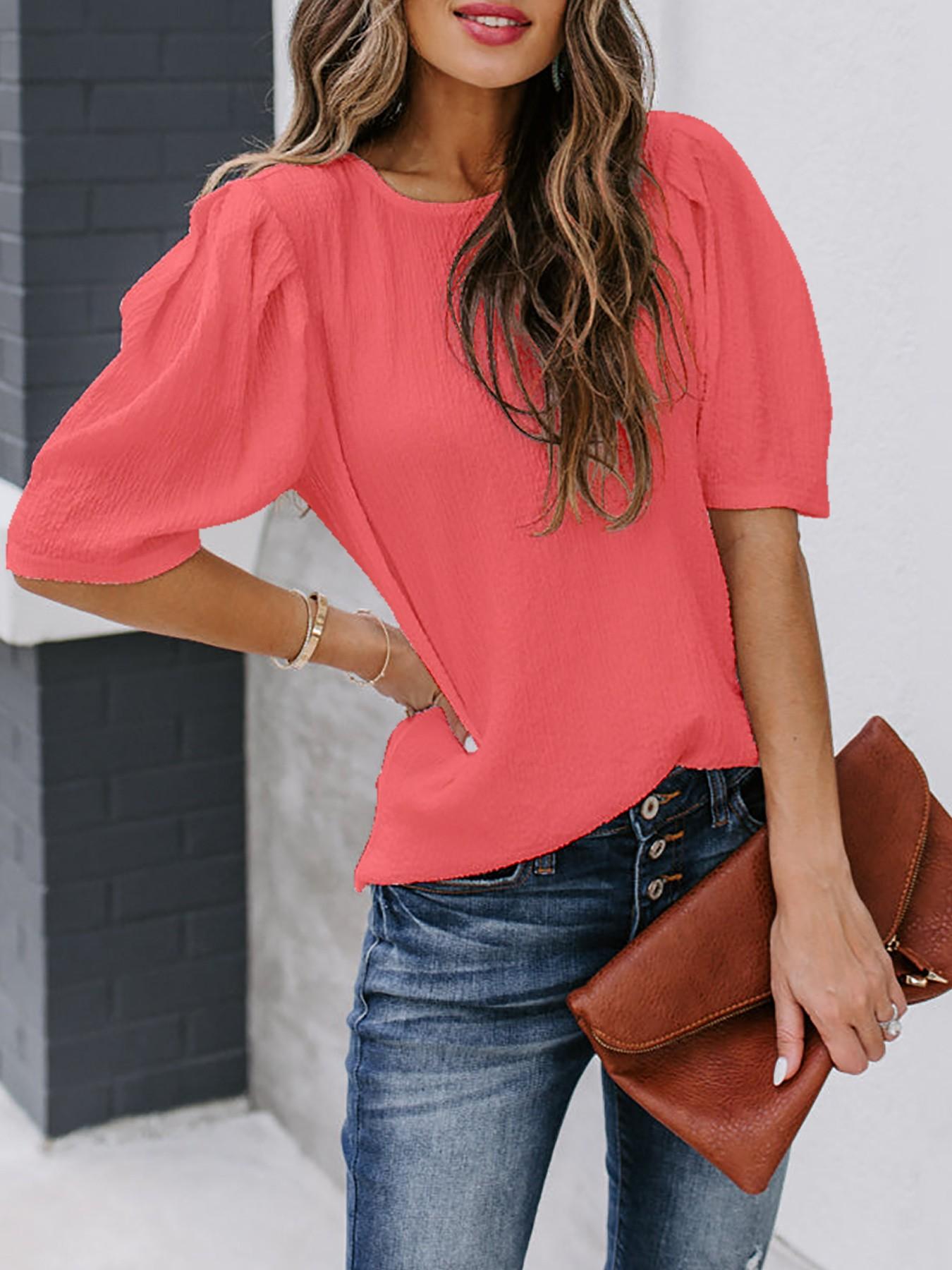 French Bubble Sleeve Solid Color T-Shirt for Women, Summer Simple Round Neck Short Sleeve Top, European and American Style Casual Basic Shirt