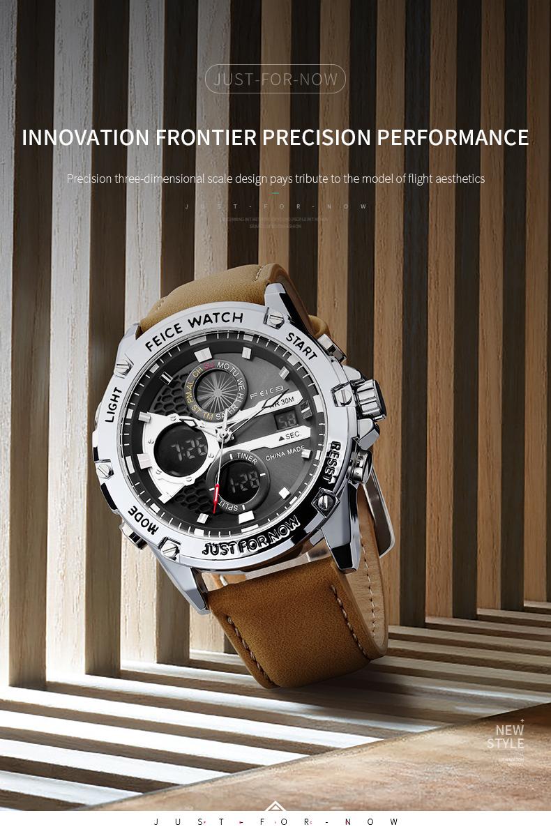 FEICE men's luxury business fashion watch, with a luminous elegant dial, waterproof sports watch - Black and silver gift set Chronograph Leather Style Fashionable Wristwatch