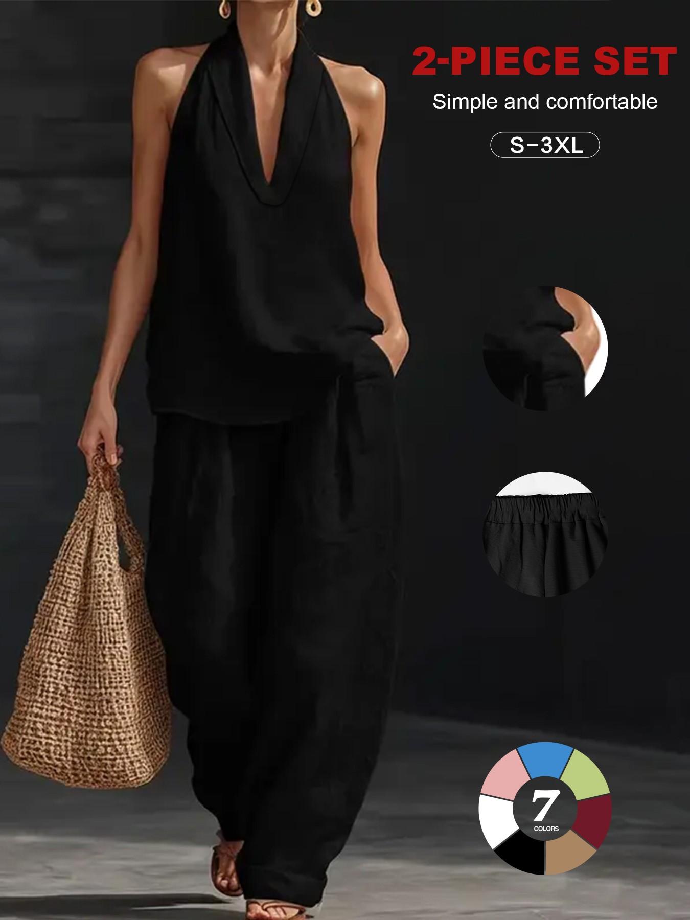 2026 Women's Linen Set, 2-Piece, Halter V-Neck Top, High-Waist Wide-Leg Pants, Casual Summer Beach Loungewear, Comfortable & Stylish