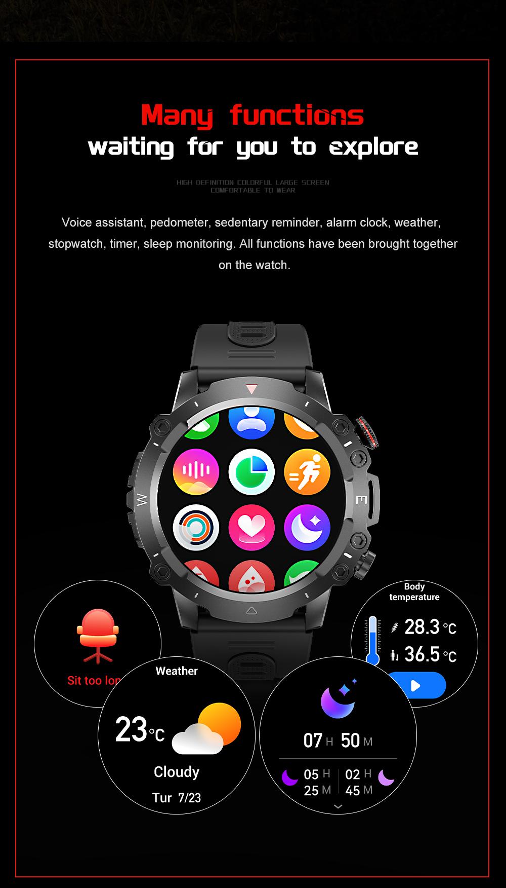 ZW48 Tactical Bluetooth Calling Smart Watch 1.46 Inch HD Round Display LED Flashlight for Outdoor Fitness Daily Wear