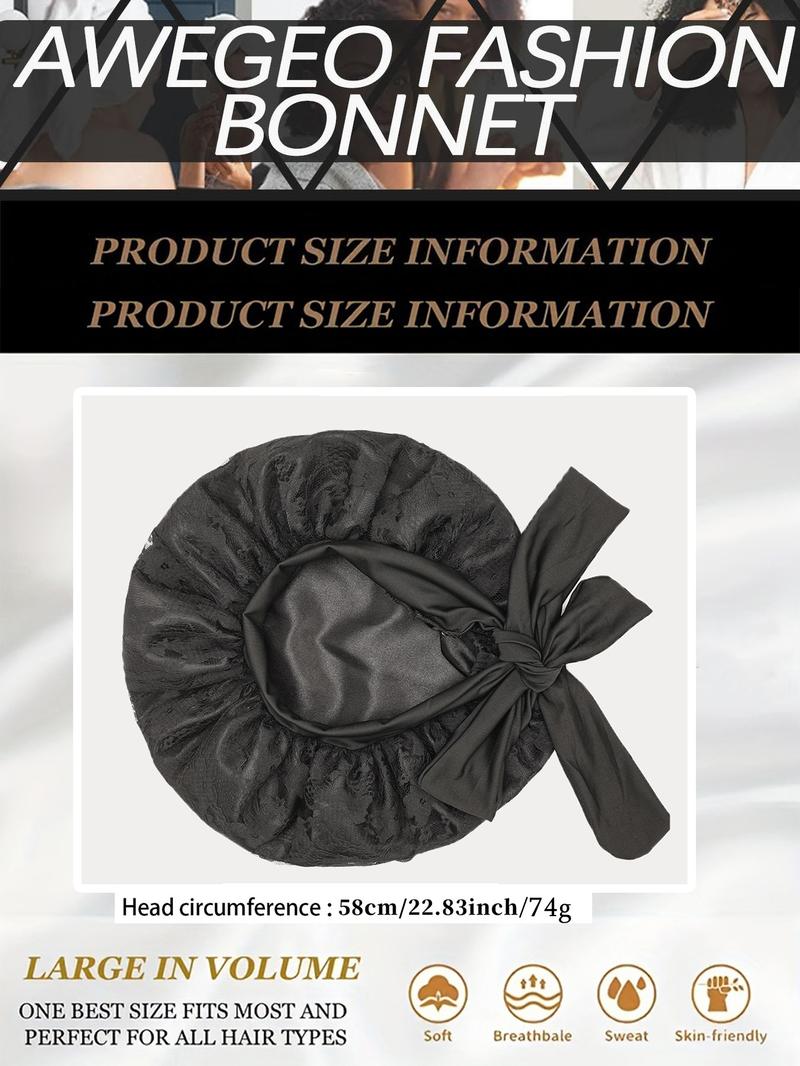 Women's Bonnet Pure Color Lace Design, Hollow Out Pattern, Double Layer Satin Sleep Cap, Non-Slip Hair Care Hat for All Hairstyles