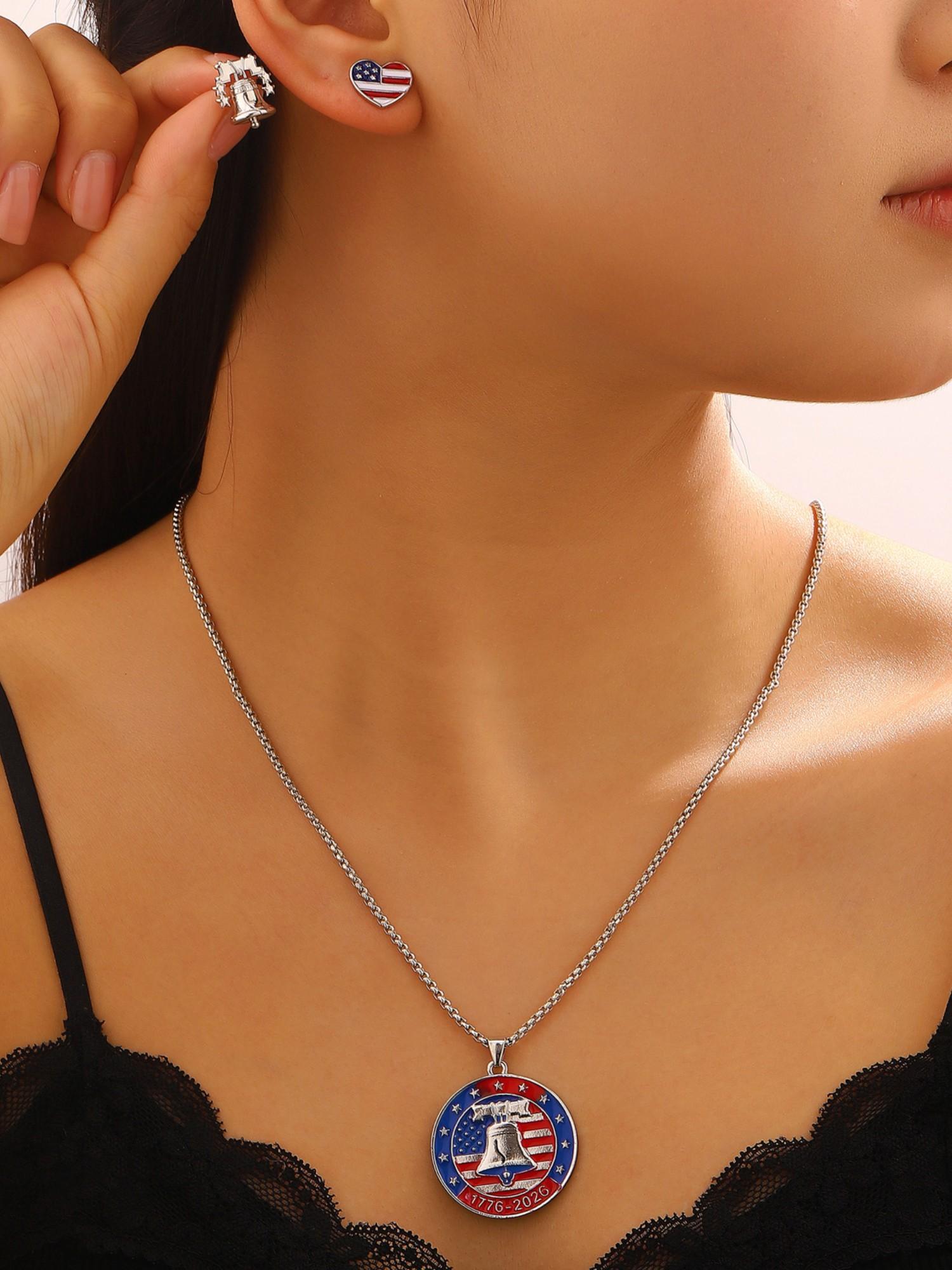 American 250th Anniversary Alloy Necklace, Liberty Bell Totem Pendant, Lockbone Chain, Sweater Chain Accessory, Unique Jewelry Gift