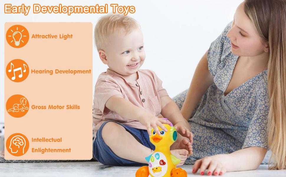 Musical Flapping Yellow Duck, Crawling Tummy Time, Educational Learning Walking Light Up Dancing Toy for 1 Year Old Baby Toddler Infant Easter Valentine Gifts