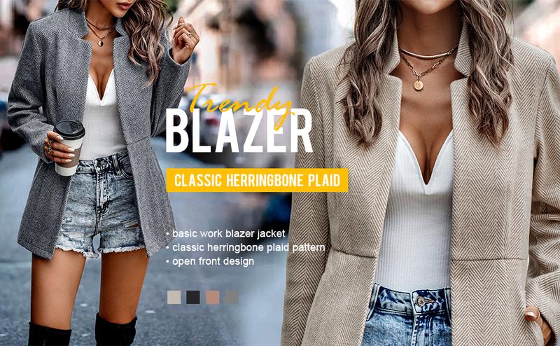 Chouyatou  Women's  Elegant  Casual Business Open Front Long Sleeve Notch Lapel Office Blazer Jacket Basic Womenswear