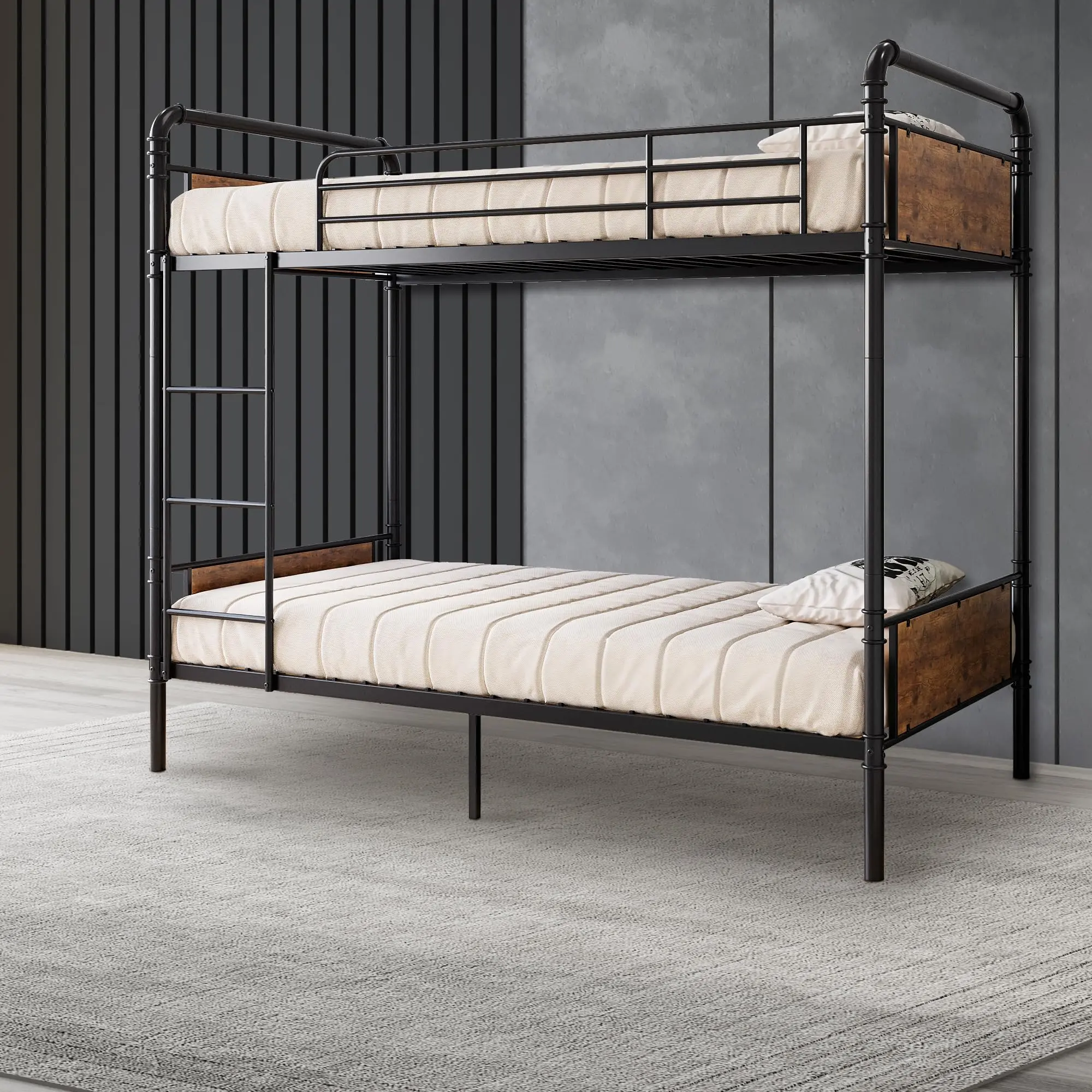 Industrial Twin Over Twin Metal Frame Bunk Bed - Convertible to 2 Single Beds, Heavy-Duty, Detachable Ladder, Safety Guardrails, Space-Saving, No Box Spring Needed, Ideal for Teens, Convertible Beds