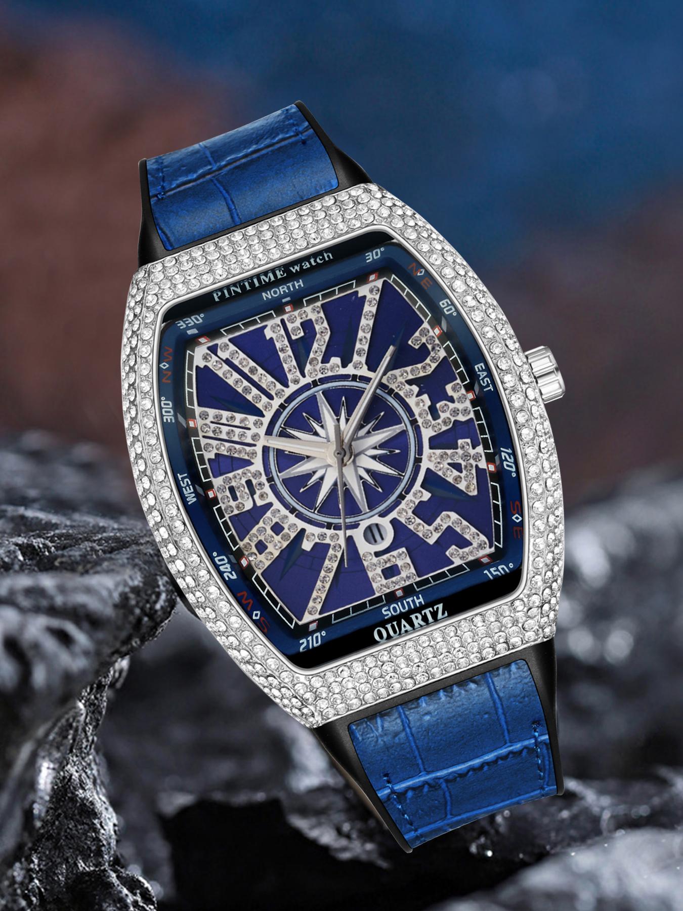 Men's Business Quartz Watch, Barrel Shape Starry Strap, Yacht Diamond Vintage Large Dial, Waterproof Stone Watch, 1pc