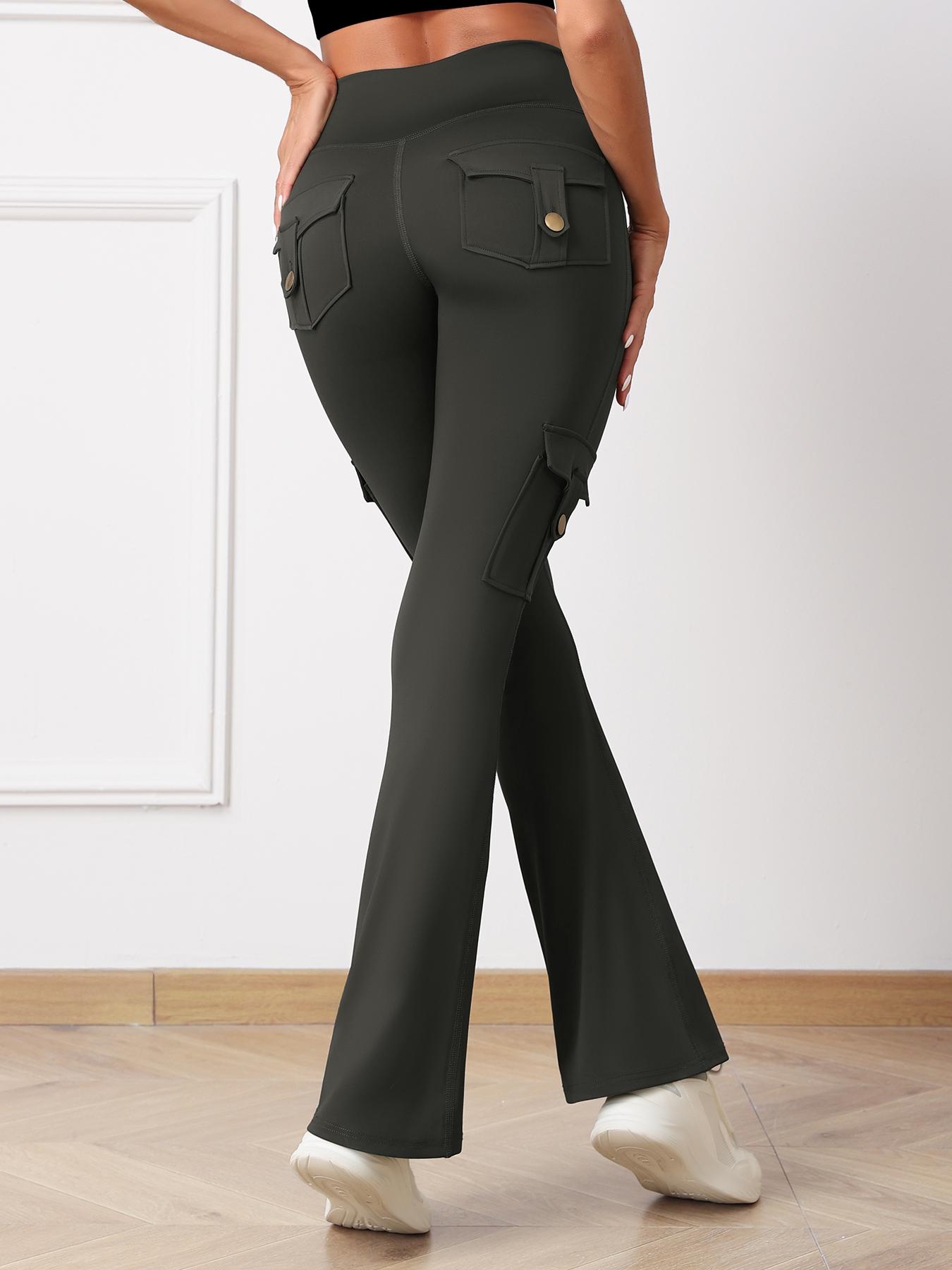 Women's High-Waisted Sporty Yoga Flare Pants, Tight-Fitting All-Season Activewear, Moisture-Wicking Breathable Fabric, Side Pockets & Button Design, Black Pants, Activewear Bottoms