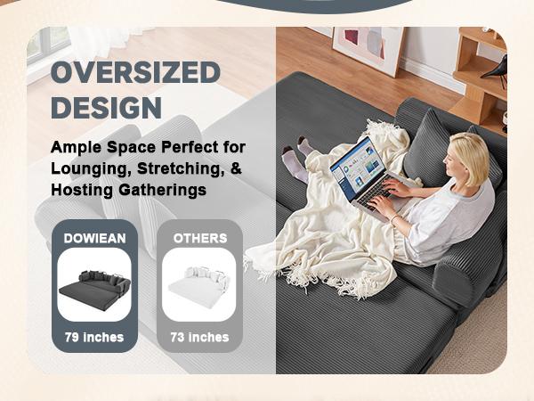 79" Oversized Boneless Couch with 4 Pillows,5 in 1 Convertible Sleeper Futon Sofa Bed with Deep Seat,Corduroy Foldable Modular Floor Pull Out Couch for Living Room,No Assemble