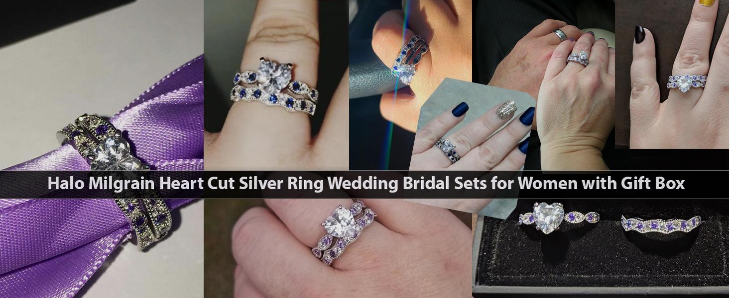 Jeulia 3 Carat CZ Solitaire Engagement Rings Halo Milgrain Heart Cut Sterling Silver Ring Set Promise Engagement Wedding Anniversary Rings Bridal Sets for Women