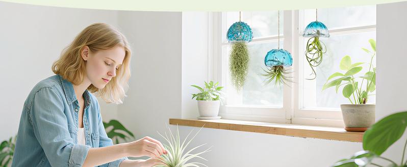 Hanging Air Plant Holder: 3Pcs Glass Jellyfish Air Plant Hanger with Jute Ropes for Tillandsia Succulent Houseplants