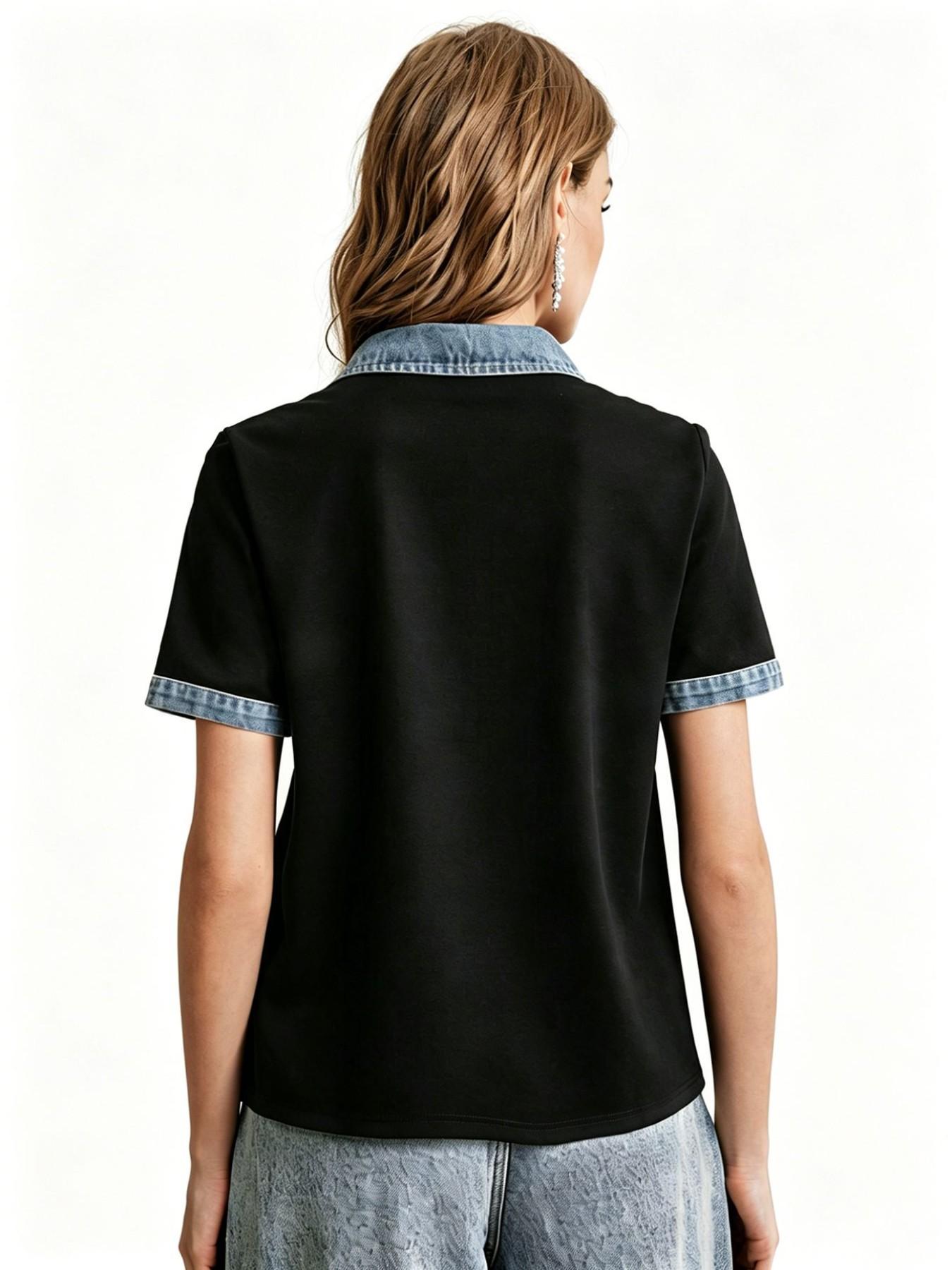 Summer New Holiday Patchwork Blue Woven Polo Neck Short Sleeve Women's Top, Casual Stylish and Comfortable Ladies' Shirt