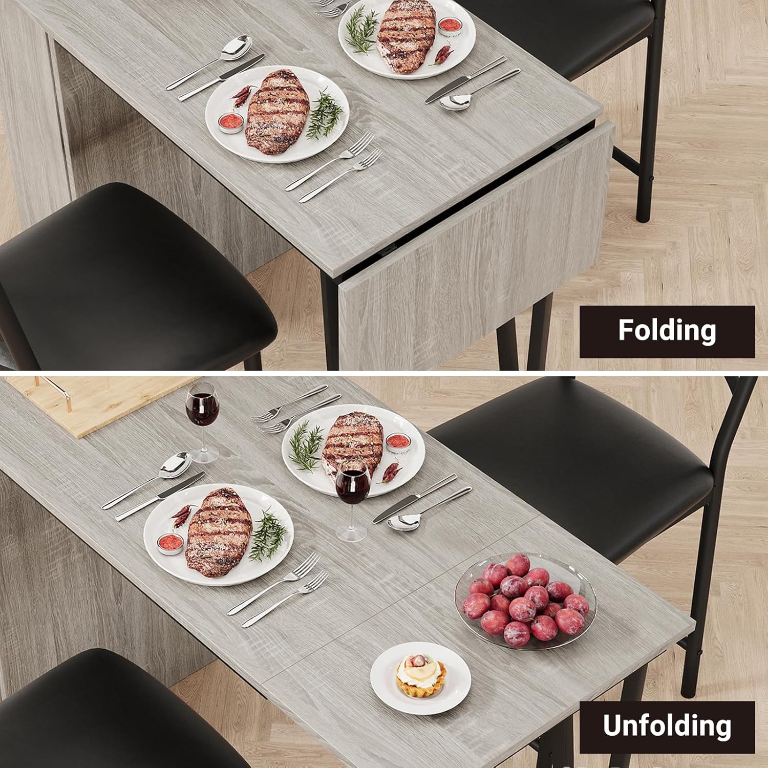 3-Piece Dining Table Set, Counter Height Kitchen Table Set for 2 with 3 Storage Shelves, Expandable Bar Table with 2 Cushioned Chairs for Small Spaces, Apartment 3-Piece Dining Table Set, Counter Height Kitchen Table Set for 2 with 3 Storage Shelves, Expandable Bar Table with 2 Cushioned Chairs for Small Spaces, Apartment