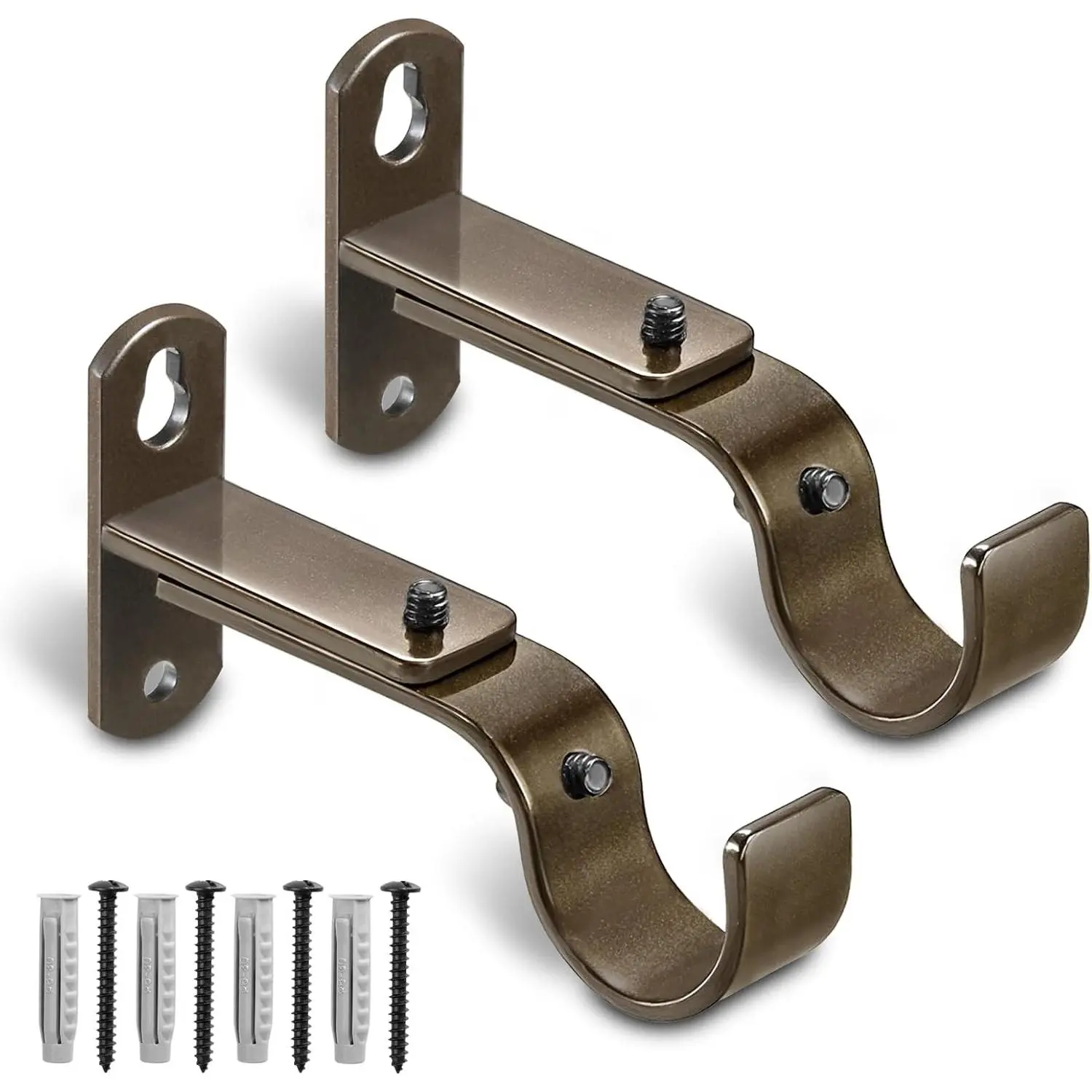 Adjustable Curtain Rod Brackets, Metal Window Drapery Rod Hanger Holders Hooks for 1 inch Rods (Brown, Set of 2)