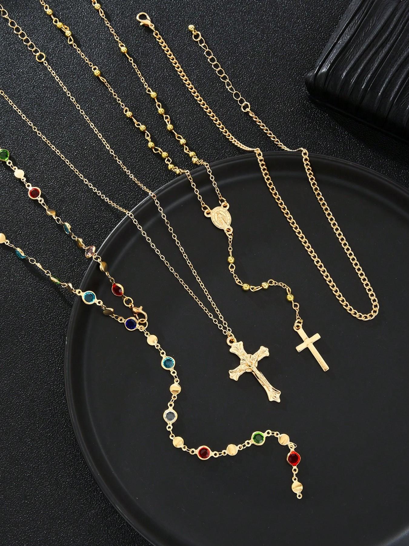 4pcs/set Faux Gemstone Rhinestone Cross Necklace Set, Elegant Vintage Jewelry, Perfect for Women's Summer Beach, Dance, Party Wear