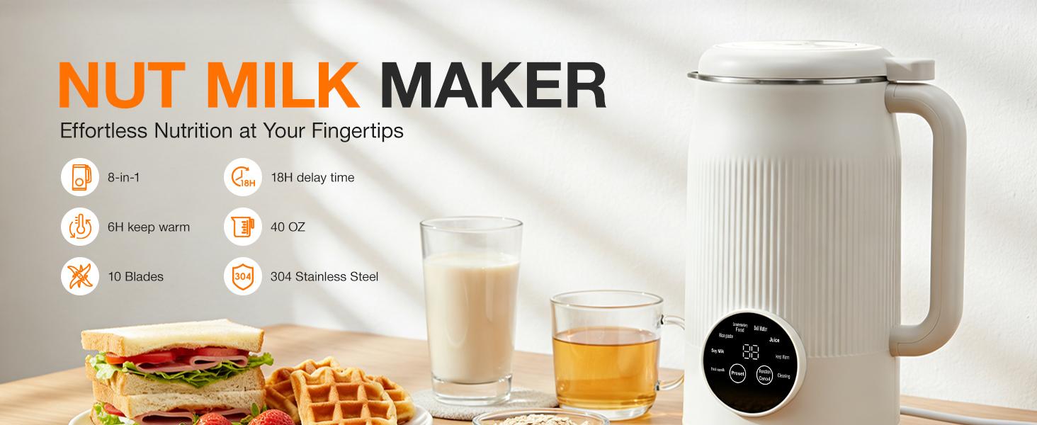 8-IN-1 Nut Milk Maker for Plant-Based Users, 40oz Countertop Machine for Homemade Almond Oat Coconut Dairy-Free Beverages, Blender with Delay Start, Keep Warm, Boil Water, Self-Cleaning