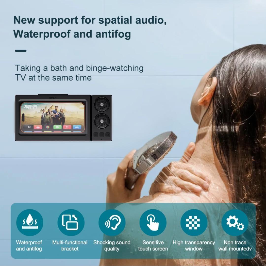 Waterproof box speaker, bathroom waterproof 360 ° rotating touch screen, Bluetooth speaker, watch movies, listen to music, phone holder Bluetooth speaker audio shower TV holder, swimming pool, kitchen, bathroom, sink
