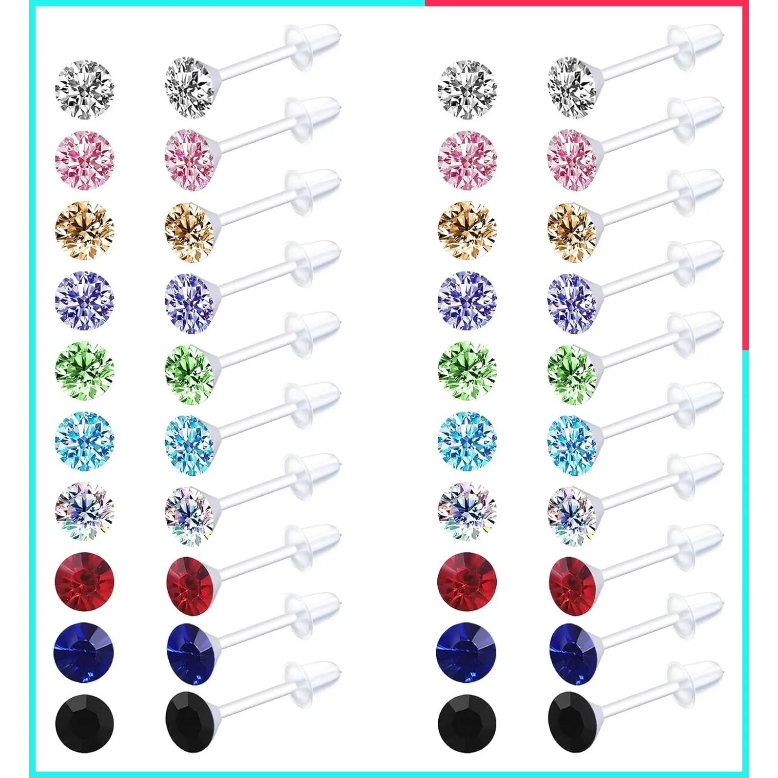 80Pcs Hypoallergenic Plastic Post Stud Earrings for Women, Silicone & Acrylic, Waterproof for Swimming