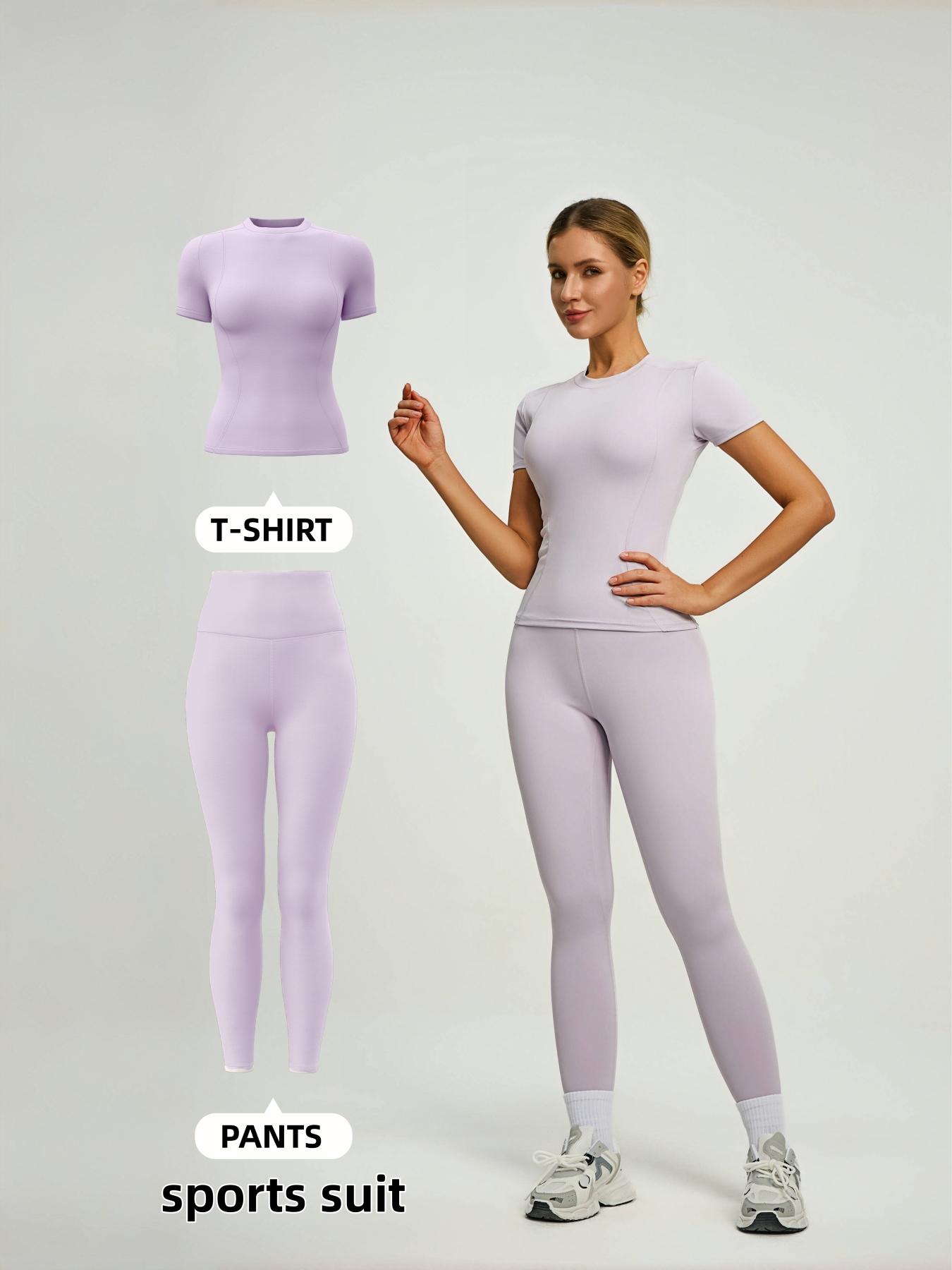 Women's Short Sleeve Sporty Set, High Waist Yoga Pants & T-Shirt Combo, Ideal for Fitness Gym Sculpting Workout, Workout Running Clothes