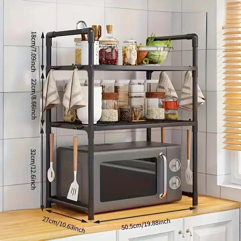 1pc Kitchen microwave rack, oven toaster rack, conditioning rack, rack with hooks, space-saving storage rack, kitchen organizer, wall shelf, stylish storage, easy to assemble