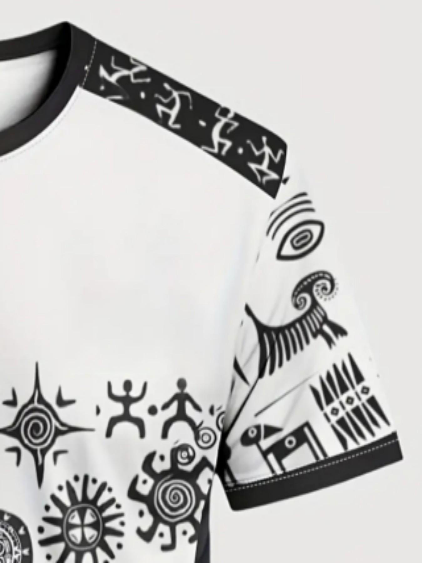 Men's Mexican Aztec Tribal Symbol Sport T-Shirt, Ethnic Street Round Neck Short Sleeve Top, Loose-Fit Geometric Pattern, All Seasons