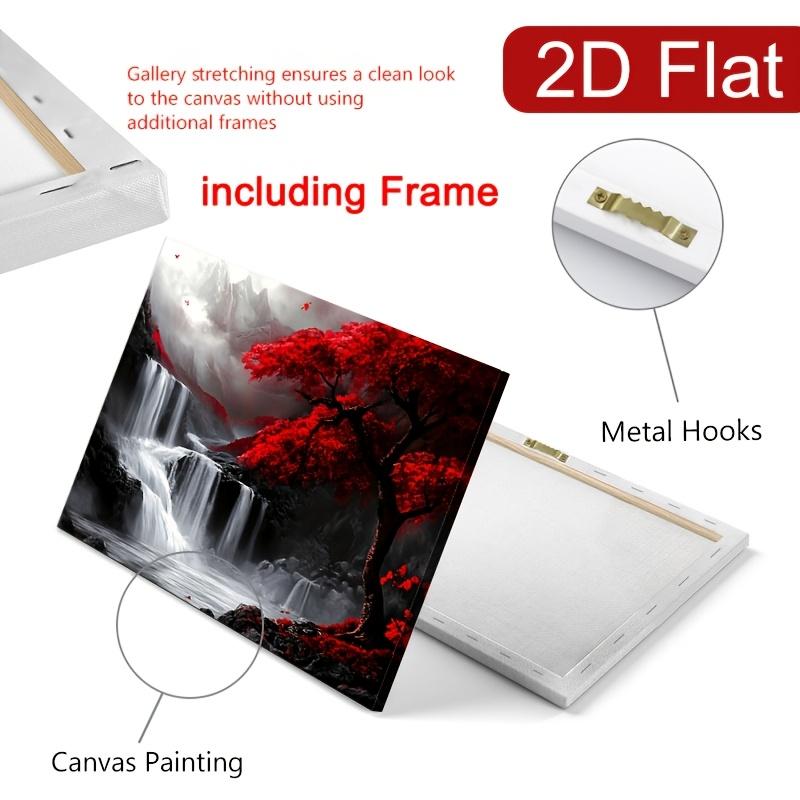 2D canvas art, 1pc wooden frame fantasy red trees and waterfalls canvas art - painting in black, white, and red color scheme, perfect for living room and home wall decoration, ideal for Christmas, Halloween, birthdays, graduations, and special occasions