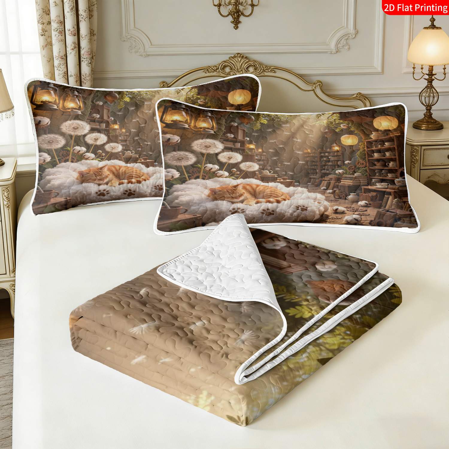 3 pcs, 2D flat print Cozy Cottagecore bed cover set Whimsical Cat & Dandelion, multiple sizes available, bedding set, festive decorative bedding, ideal for bedroom decor(1 bedspread , 2 pillowcases)