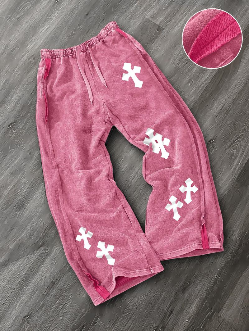 Men's Washed Cotton Straight Leg Long Pants, Cross Print, Casual Fashion, Comfortable Fit, Perfect for Daily Wear, Casual Lounge Pant