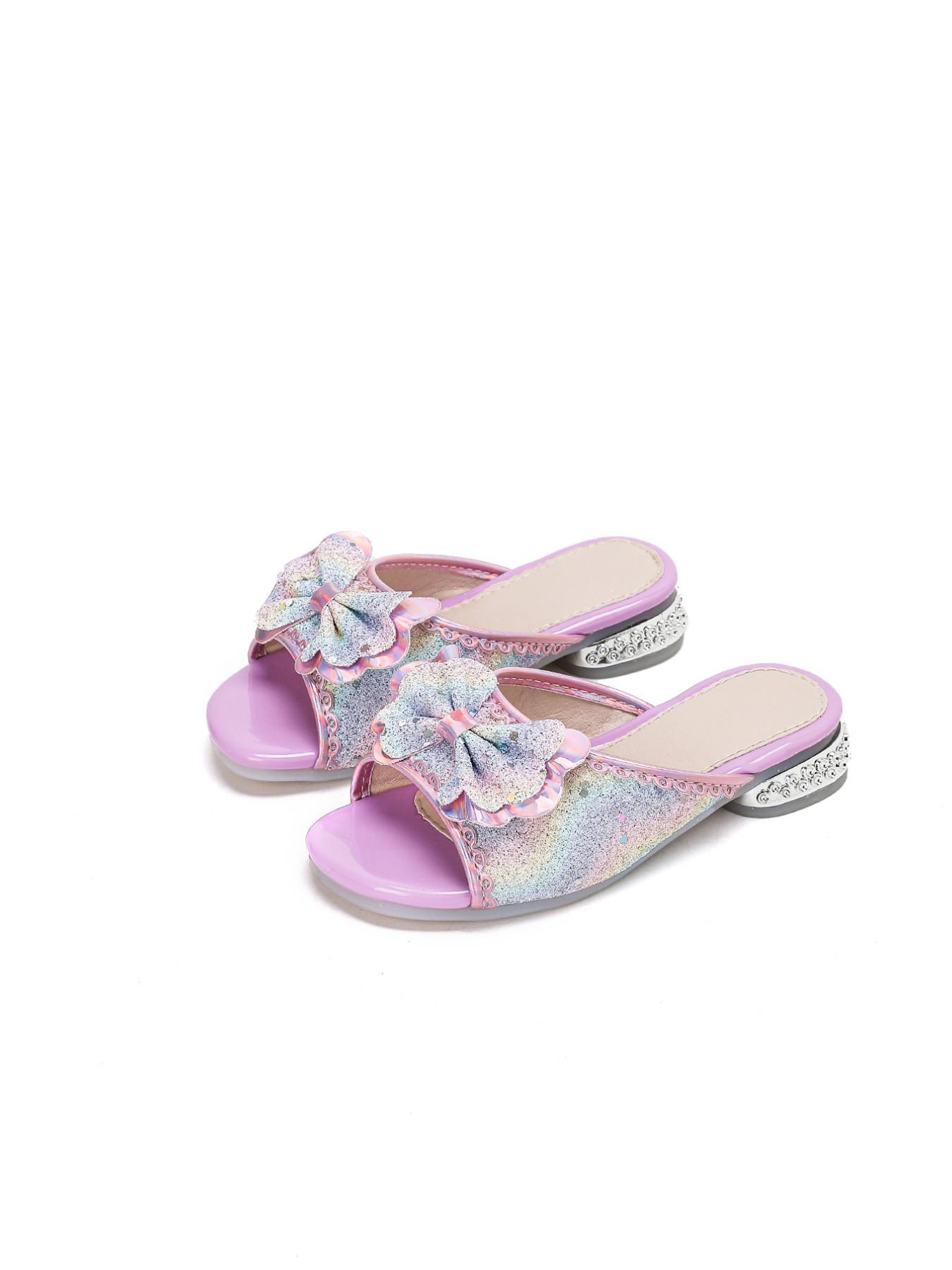 Girls' Pink/Blue Holographic Rainbow Glitter 3D Bow Decor Open Toe Soft Non-Slip Low Heel Mule Sandals | Dreamy Princess Style for Daily Wear / Performance / Banquet & Formal Occasions / Outing