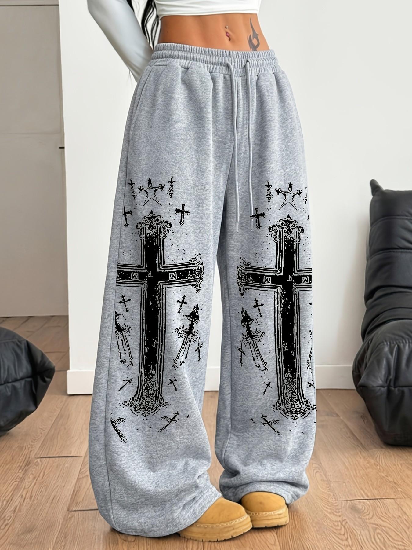 Punk-style trousers, Gothic cross-print joggers, Y2K retro wide-leg pants, edgy casual trousers, loose-fit cinched-waist sweatpants, subculture-style black straight-leg casual pants for women, All Season trousers