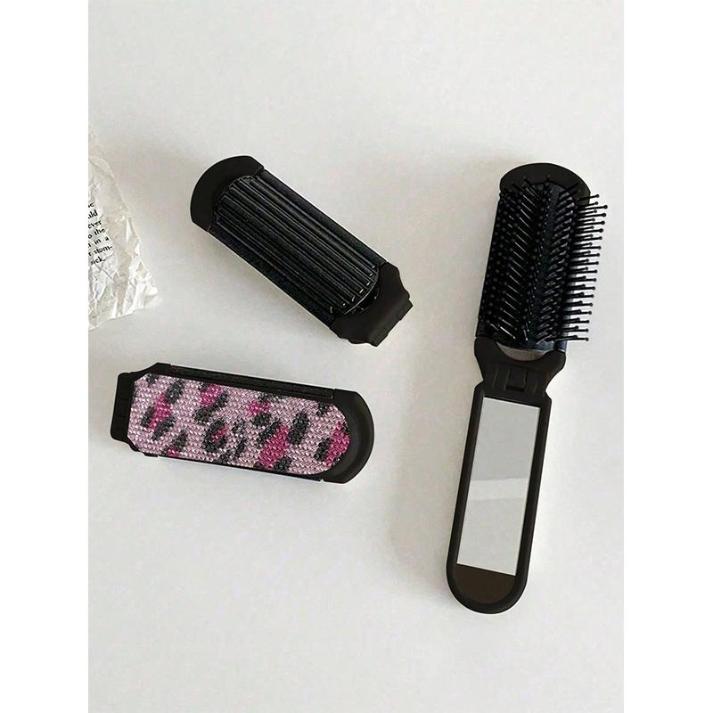 Leopard Print Compact Folding Mirror Comb -3 Portable Mirrors, Distinctive Pattern, Multifunctional Mini Makeup Mirror And Massage Comb, Travel Brush, Essential For Travel, Durable Plastic Frame, Suitable For Women's Daily Hairstyles, Makeup, Beauty Tools