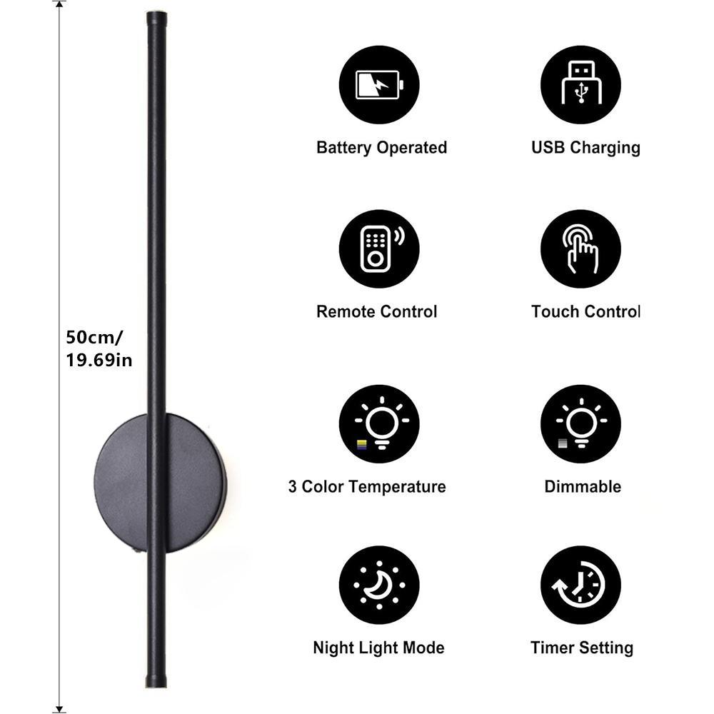 Wireless Wall Lamp, 19.69-inch Black Line Wall Lamp, Touch and Remote Control Switch, 2-Way Installation, For Bedrooms, Staircases, Hallways, Living Rooms, Indoor Lighting Fixture