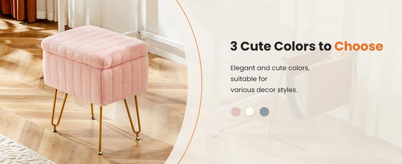 Vanity Stool Chair with Storage, Ottoman Faux Fur Soft Padded Makeup Footstools Seat with 4 Metal Legs Anti-Slip Adjustable Feet Modern Cute Small Footrest for Home Entryway Bedroom