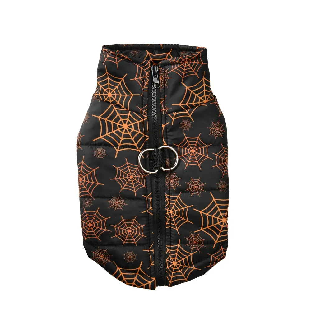 Autumn Winter Pet Halloween Cotton Vest, Pumpkin Paw Print Spider Web Waterproof Jacket, Zipper Comfortable Dog Coat, Dachshund Clothes