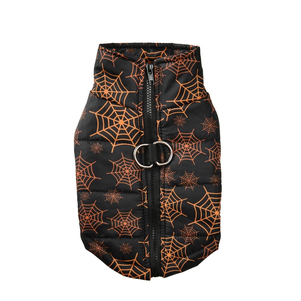 Autumn Winter Pet Halloween Cotton Vest, Pumpkin Paw Print Spider Web Waterproof Jacket, Zipper Comfortable Dog Coat, Dachshund Clothes
