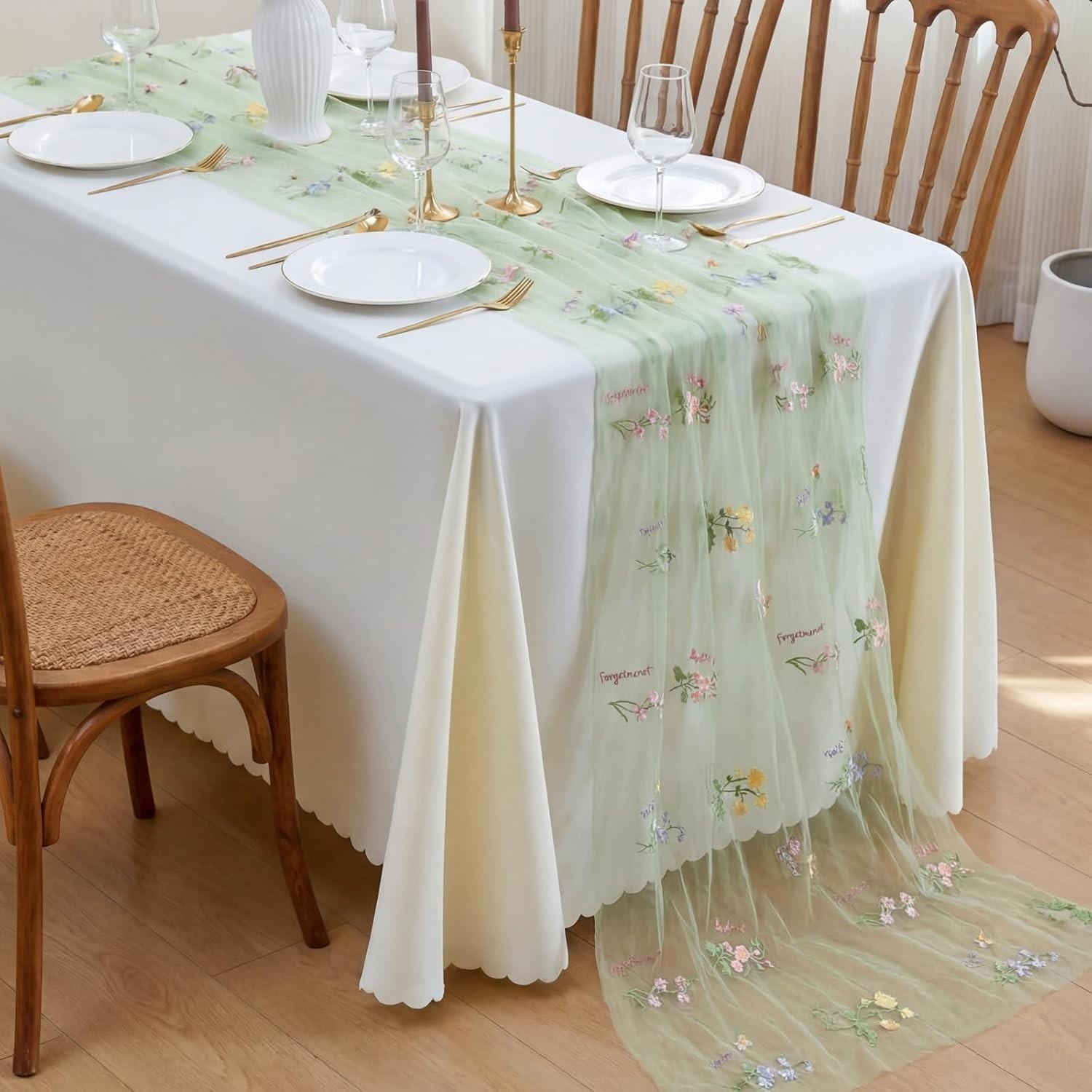 Vintage Embroidered Floral Table Runner, 70x180cm Sheer Mesh Tablecloth, Home Decor, Wedding, Party, Holiday DIY, Kitchen Decoration